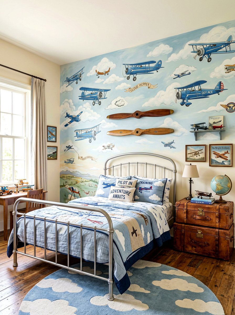 Vintage Airplane Aviation Kids Mural - 30 mural kids bedroom ideas