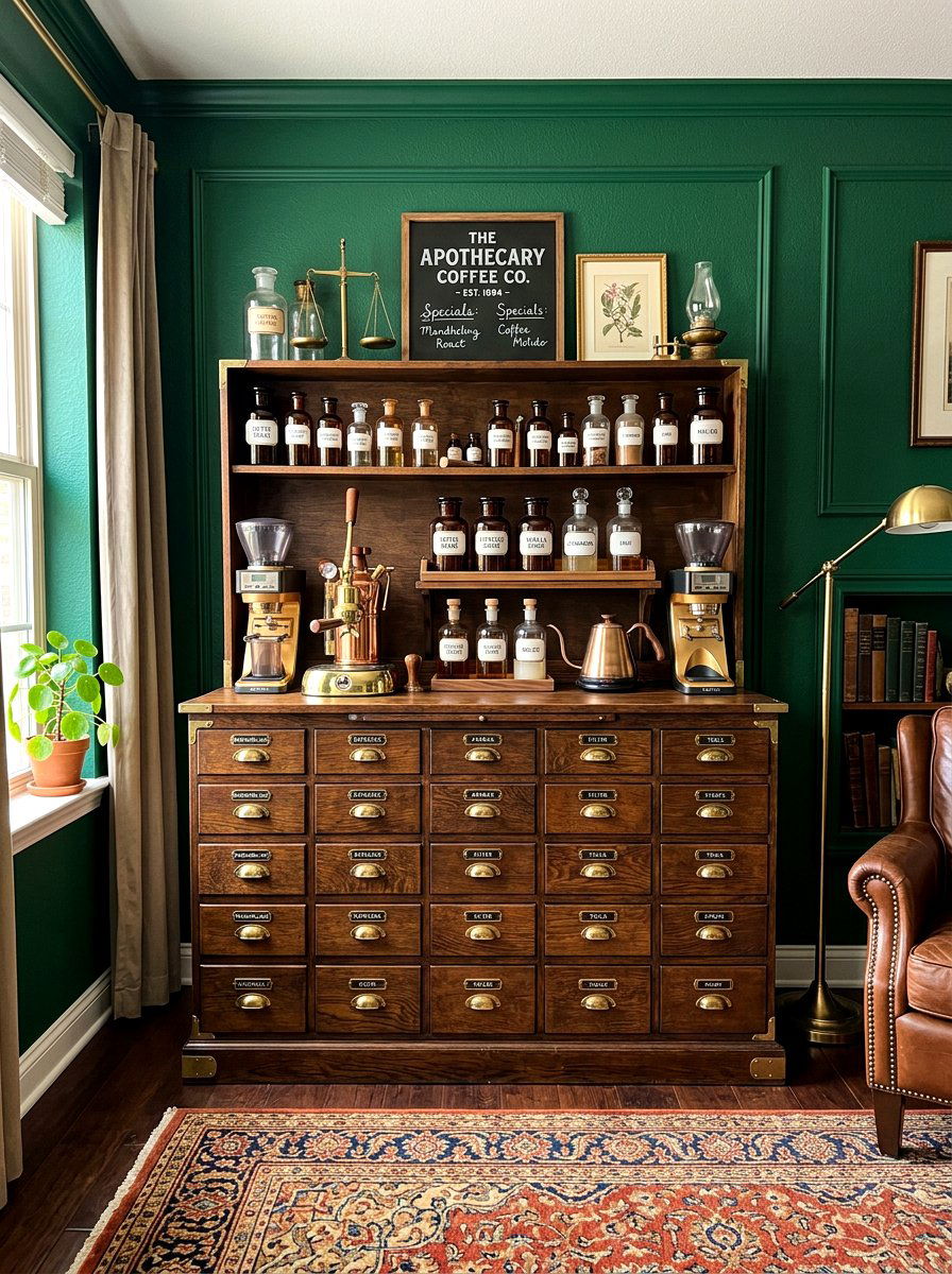 Vintage Apothecary Coffee Cabinet - 30 aesthetic home cafe setup ideas