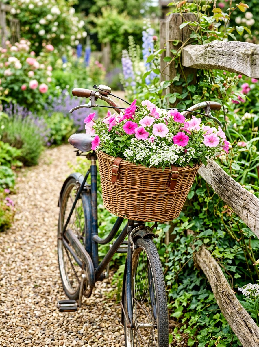 Vintage Bicycle Basket - 30 rustic container garden ideas