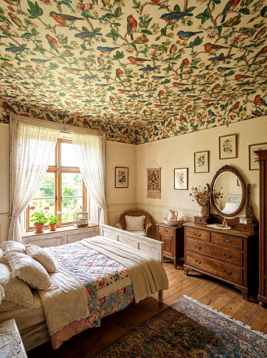 Vintage Bird Pattern - 30 ceiling wallpaper bedroom ideas