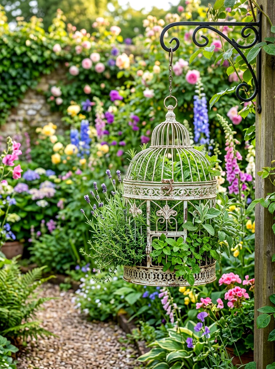 Vintage Birdcage Herb Planter - 30 hanging herb garden ideas