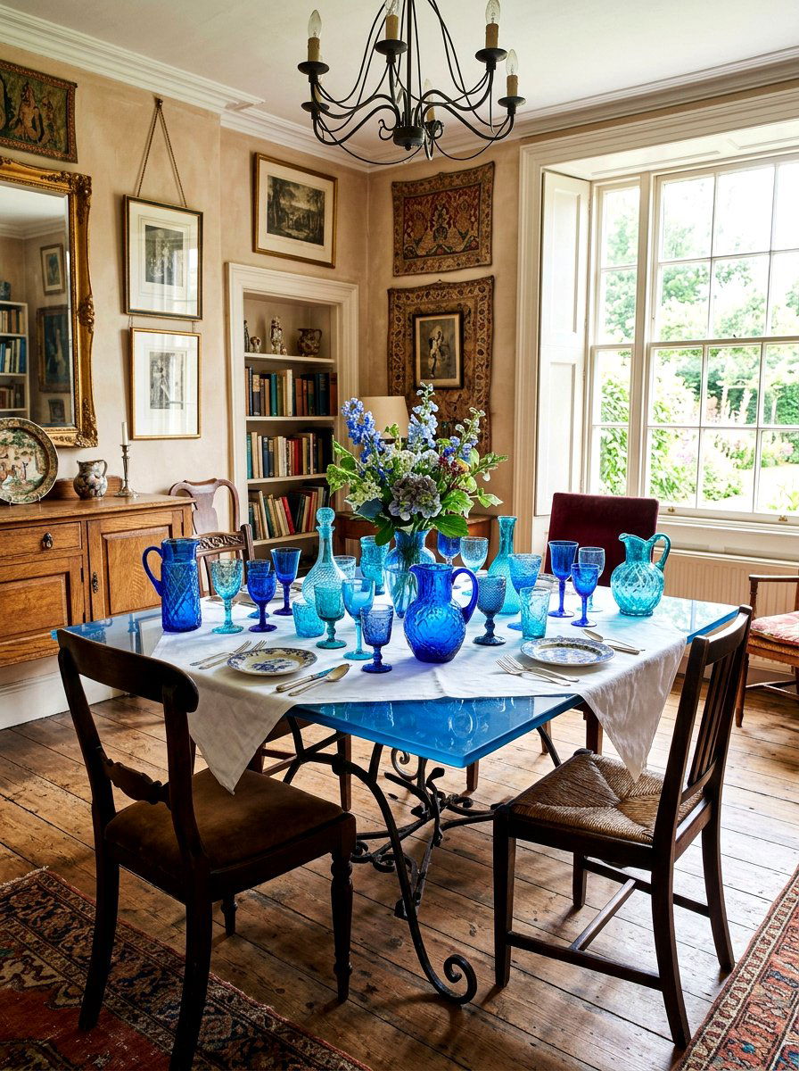 Vintage Blue Glass Table - 30 blue and white table decor ideas