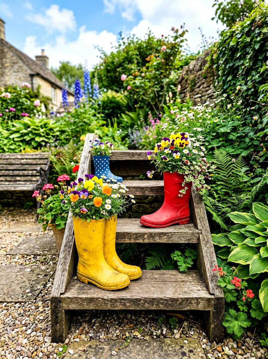 Vintage Boot Step Planter - 30 porch steps flower pot ideas