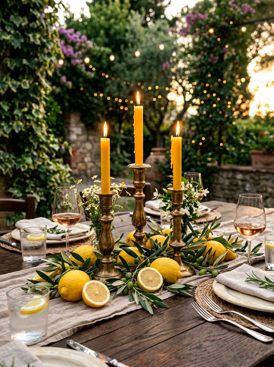 Vintage Brass Candle Holders - 30 lemon and olive summer tablescape ideas