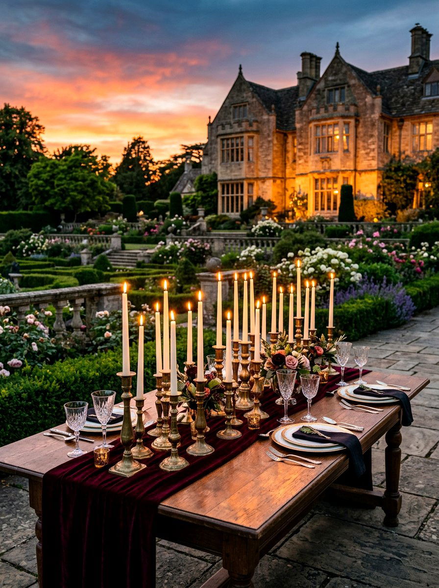Vintage Brass Candlestick Setting - 30 candlelit garden dinner ideas