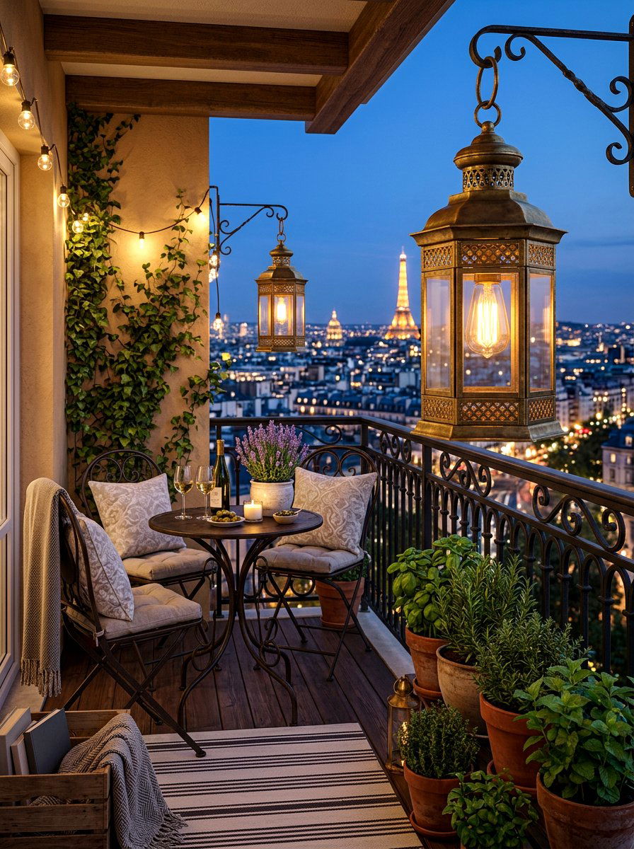 Vintage Brass Lantern Balcony - 30 candle lantern patio ideas