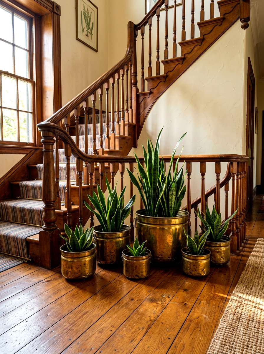Vintage Brass Stairwell Pots - 30 stair landing plant nook ideas