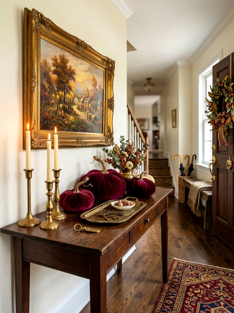 Vintage Brass Thanksgiving Entryway - 30 Thanksgiving entry table ideas