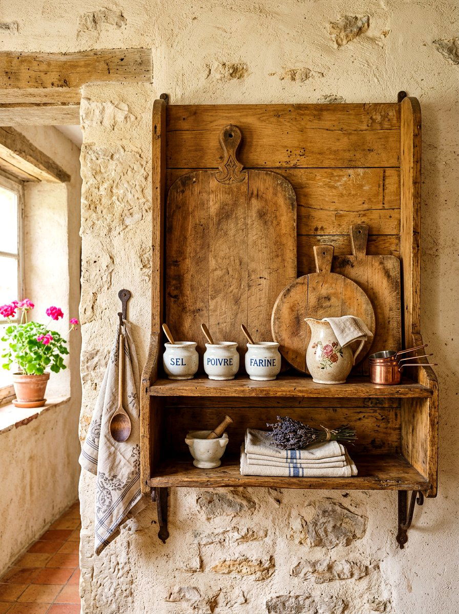 Vintage Breadboard Wall Shelf - 30 French cottage kitchen shelf ideas
