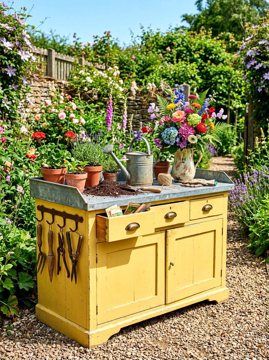 Vintage Buffet Potting Station - 30 outdoor potting station ideas