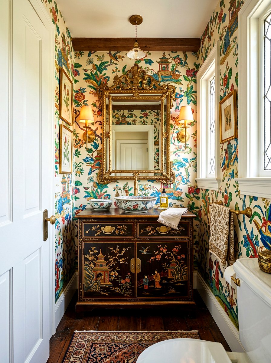 Vintage Chinoiserie Powder Room With Antique Chest - 30 chinoiserie powder room ideas