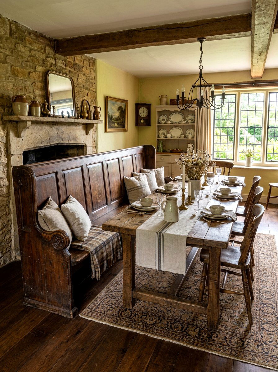 Vintage Church Pew Bench - 30 farmhouse dining bench ideas