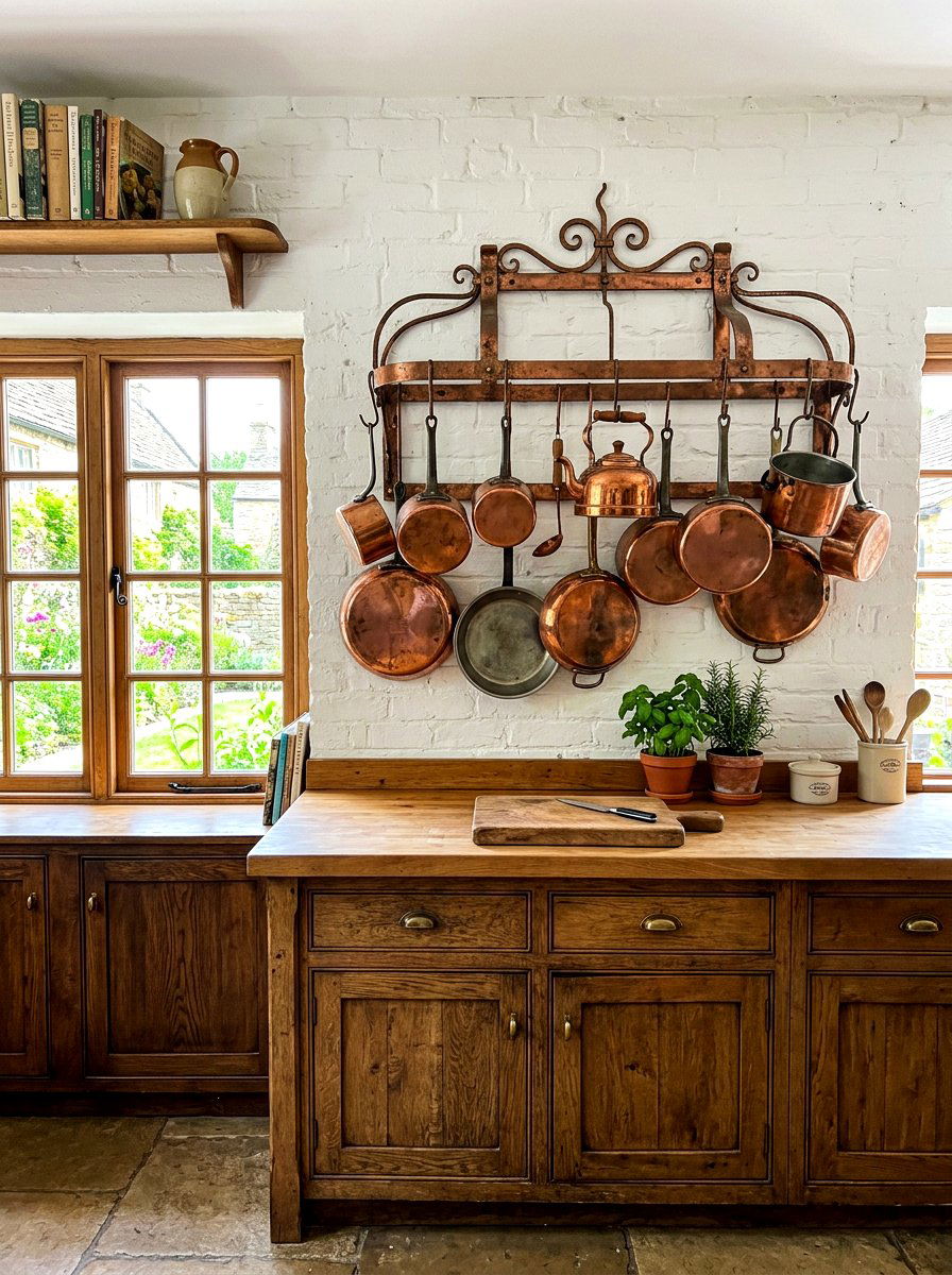 Vintage Copper Pot Rack - 30 tomato girl summer kitchen ideas