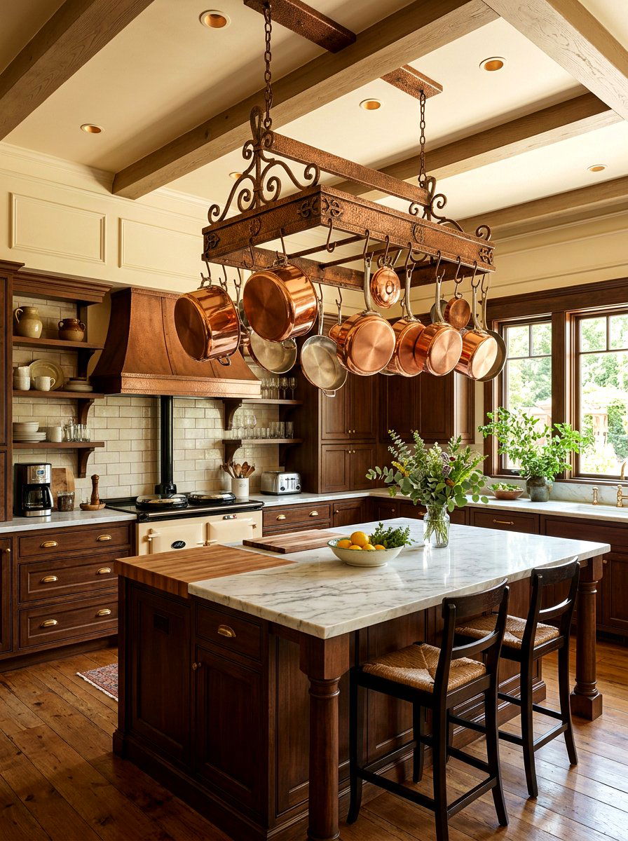 Vintage Copper Pot Rack - 30 layered kitchen decor ideas