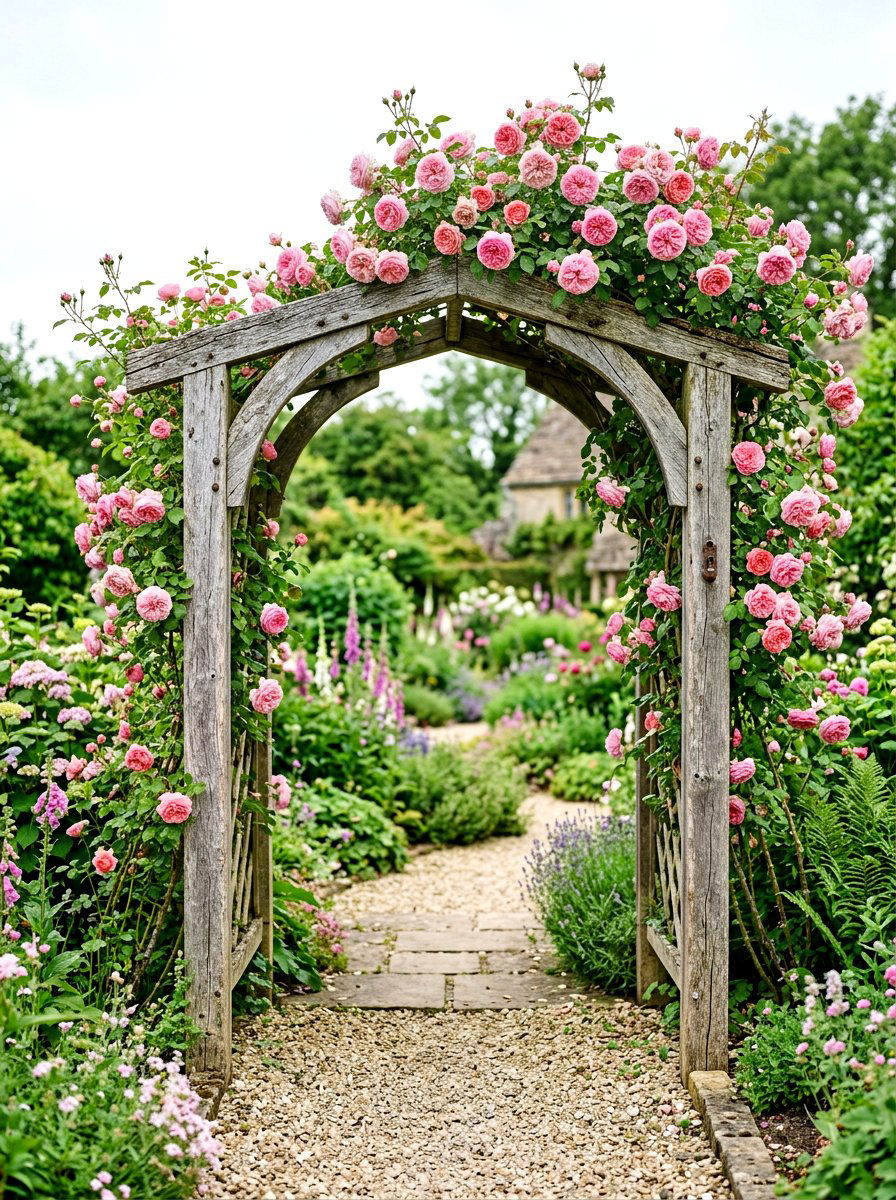 Vintage Distressed Wood Arch - 30 cottage rose arbor ideas