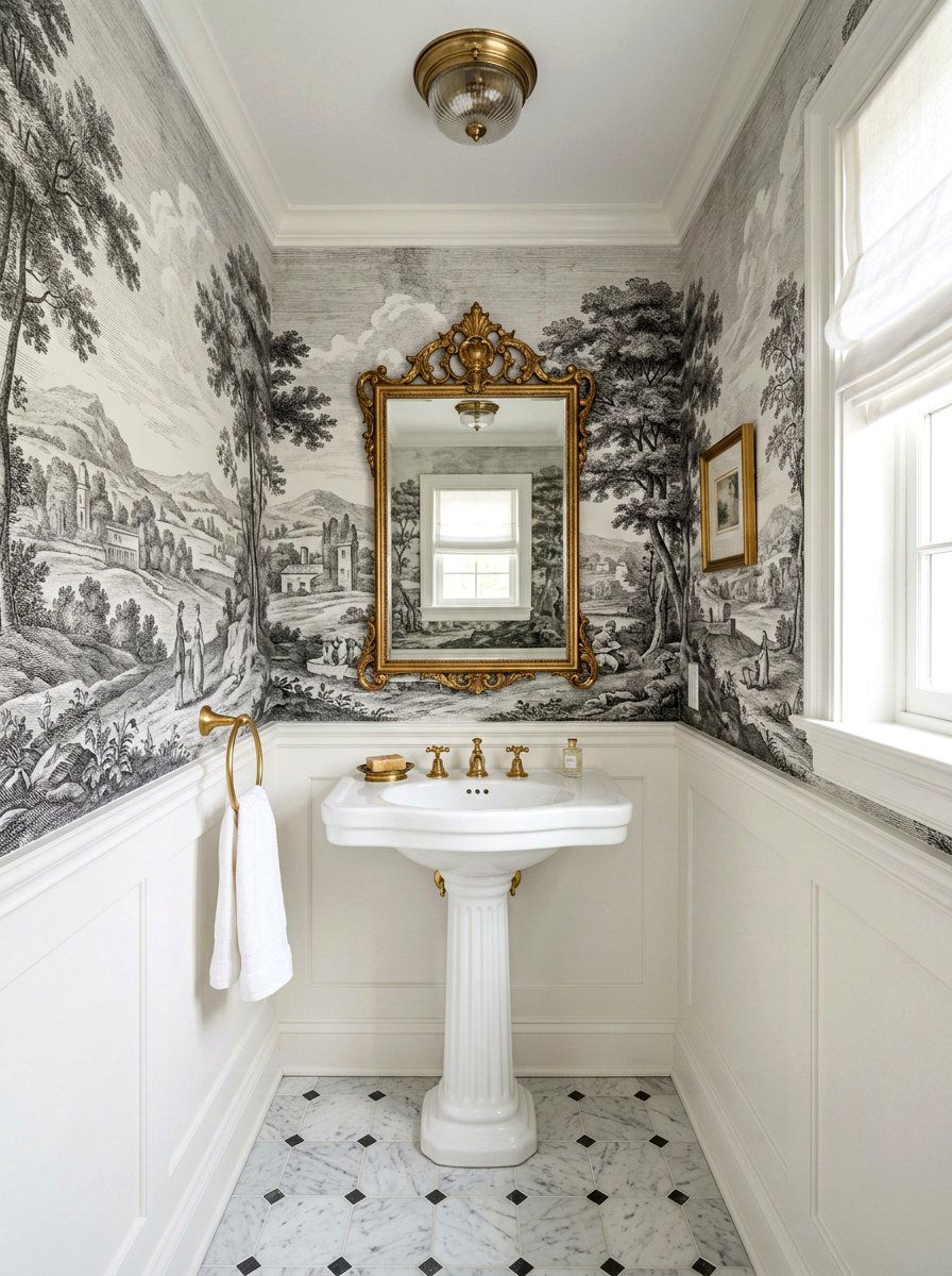 Vintage Etched Landscape Mural - 30 landscape mural powder room ideas