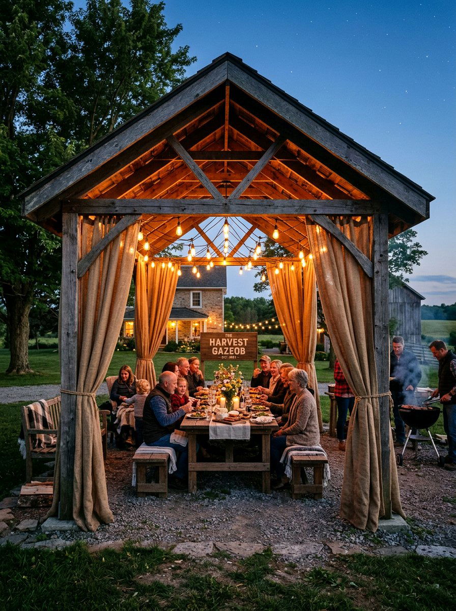 Vintage Festoon Lights With Burlap Drapes - 30 gazebo curtain lighting ideas