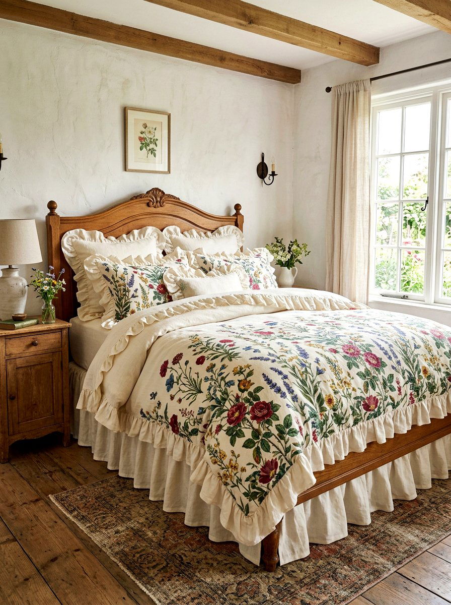 Vintage Floral Ruffled Linen Bedding - 30 ruffled linen bedding ideas