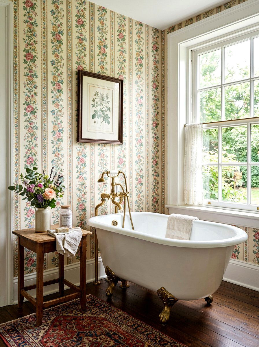 Vintage Floral Stripe Bathroom - 30 striped bathroom wallpaper ideas