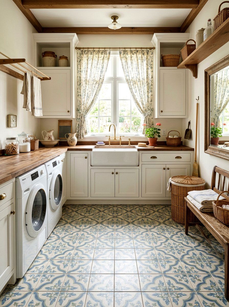Vintage Floral Tile - 30 laundry room floor tile ideas