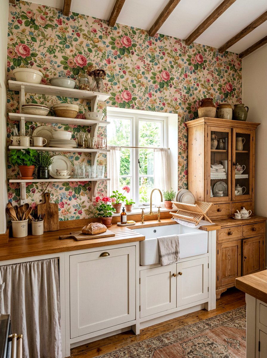 Vintage Floral Wallpaper - 30 vintage cottage kitchen ideas