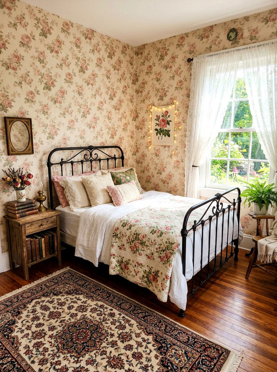 Vintage Floral Wallpaper - 30 cottagecore bedroom ideas