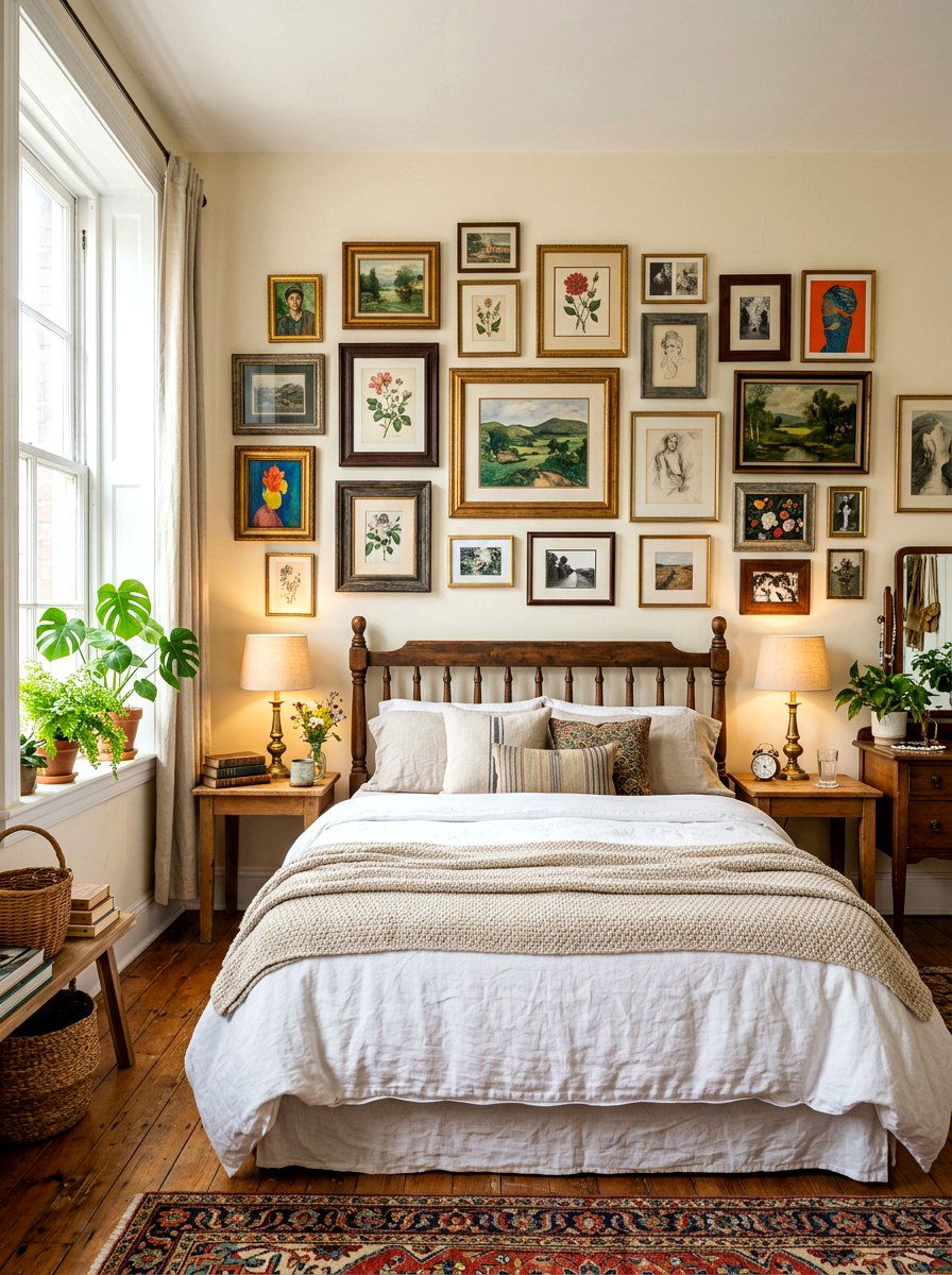 Vintage Gallery Wall Bedroom - 30 cottage vintage bedroom ideas