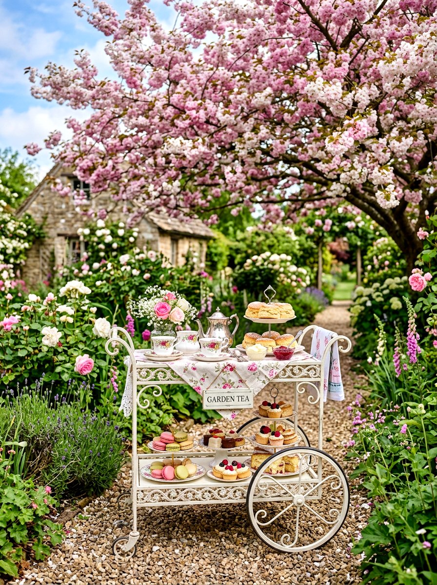 Vintage Garden Tea Trolley - 30 outdoor dessert station ideas