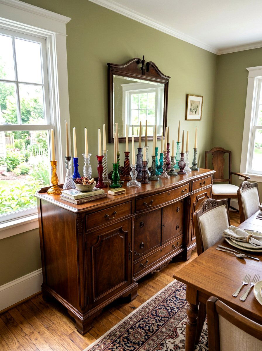 Vintage Glass Candlesticks On Buffet - 30 candle decor ideas