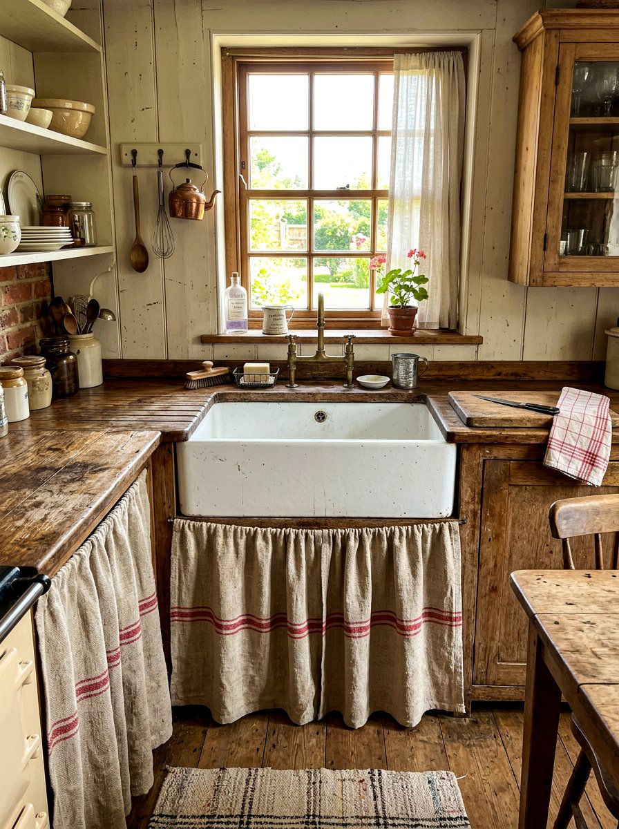 Vintage Grain Sack Sink Skirt - 30 sink skirt kitchen ideas
