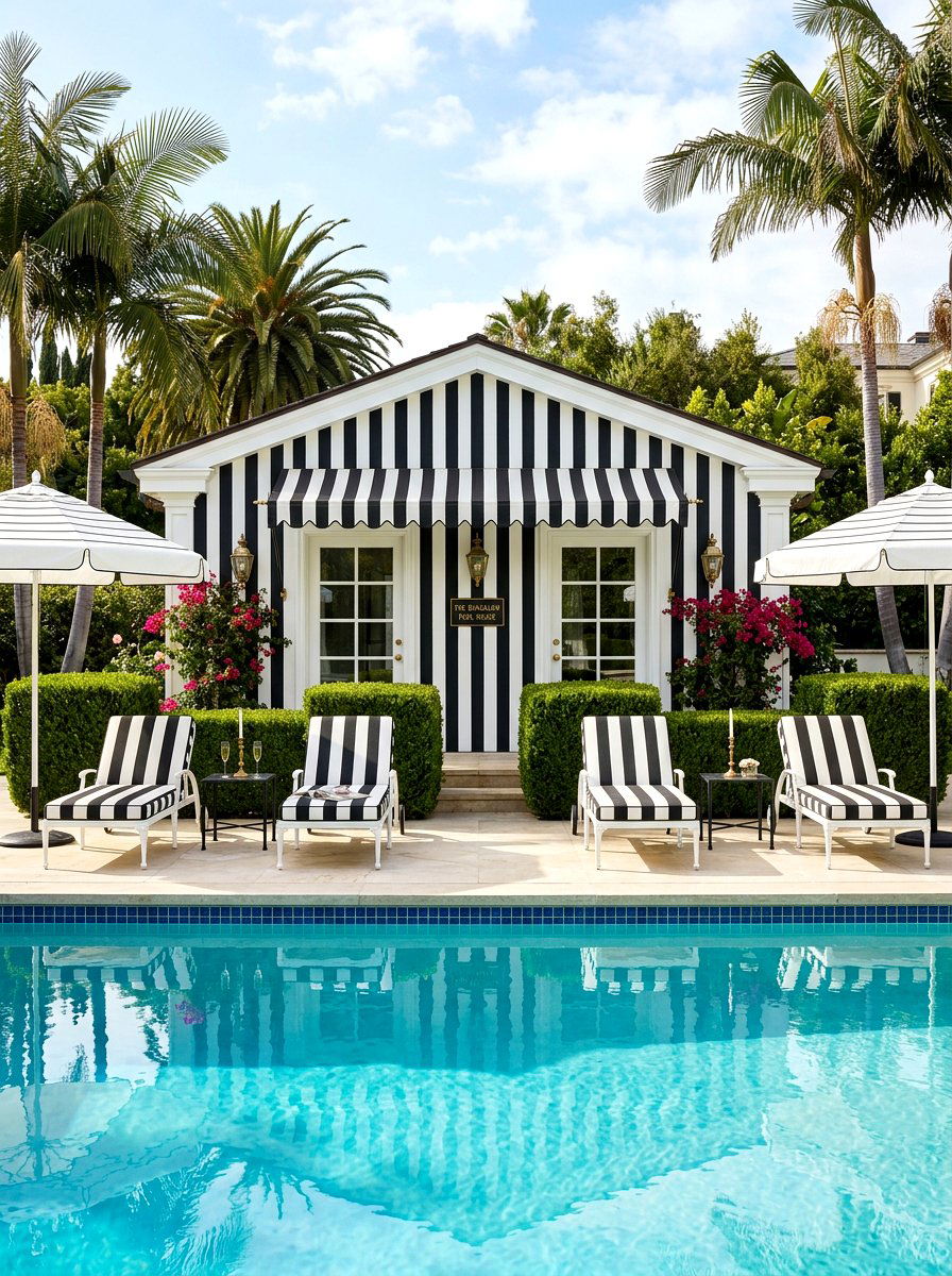 Vintage Hollywood Striped Pool House - 30 striped cabana backyard ideas