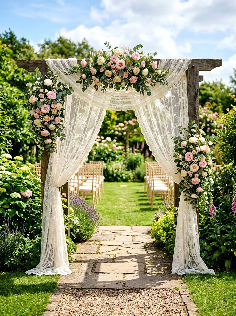 Vintage Lace Bridal Arch - 30 cottage garden wedding ideas