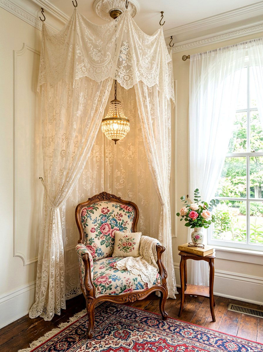 Vintage Lace Canopy Area - 30 kids tent reading nook ideas