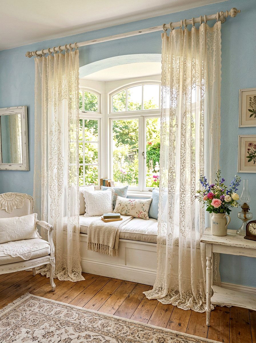 Vintage Lace Curtains - 30 lace bedroom decor ideas
