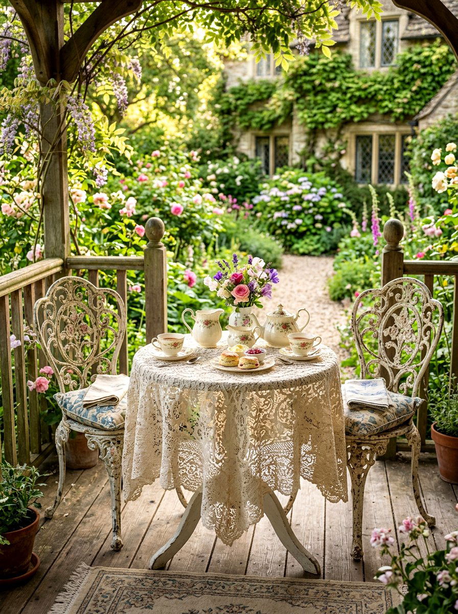 Vintage Lace Porch Table - 30 porch skirted table ideas