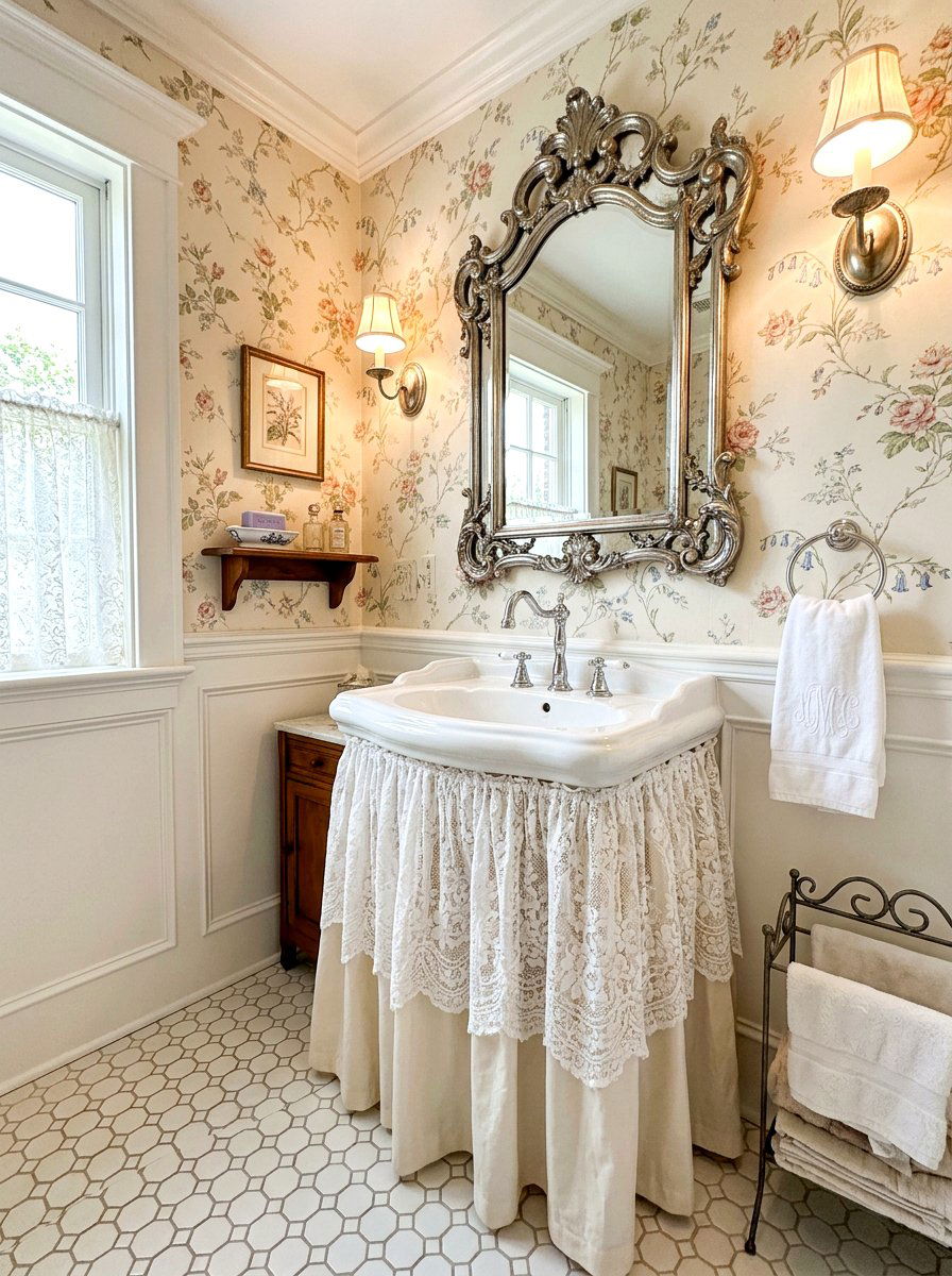 Vintage Lace Powder Room Sink - 30 skirted powder room sink ideas