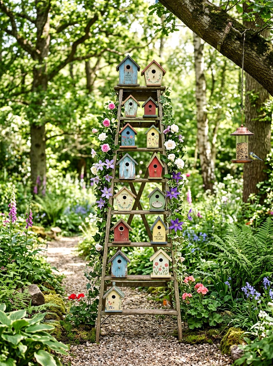 Vintage Ladder Birdhouse Display - 30 repurposed ladder garden ideas