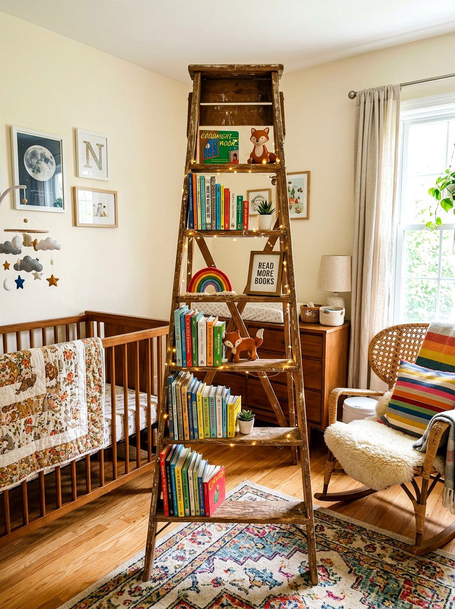 Vintage Ladder Bookshelf Nursery - 30 nursery library wall ideas