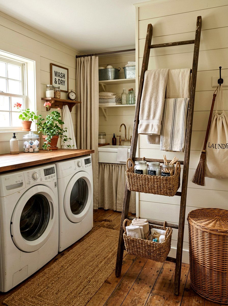 Vintage Ladder Shelf - 30 laundry room shelf ideas