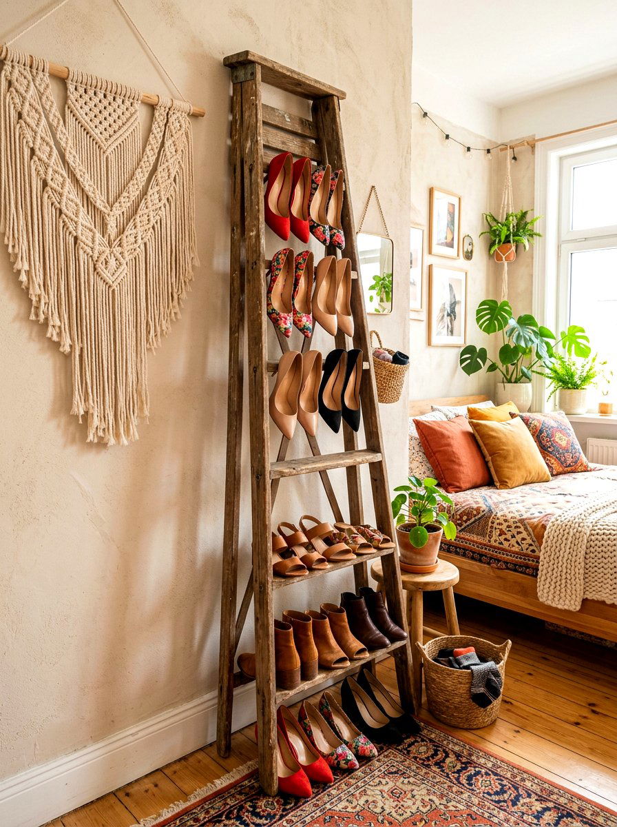 Vintage Ladder Shoe Rack - 30 shoe storage ideas