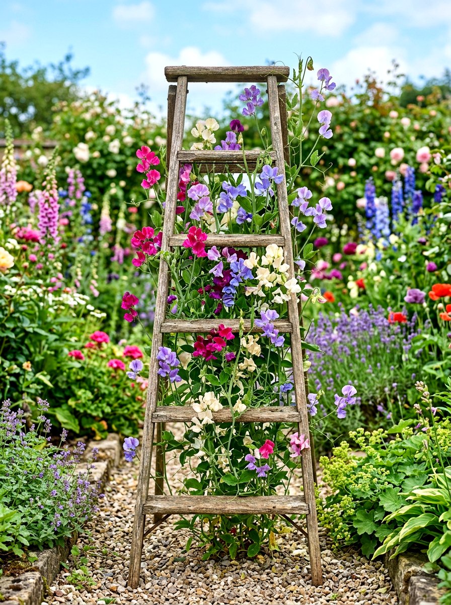 Vintage Ladder Support - 30 vegetable garden trellis ideas