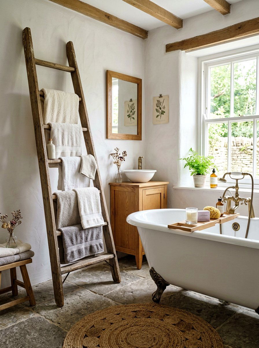Vintage Ladder Towel Rack Holder - 30 French country bathroom ideas