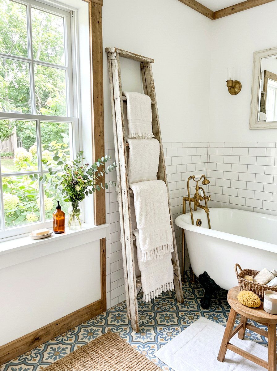 Vintage Ladder Towel Rack - 30 reclaimed material decor ideas