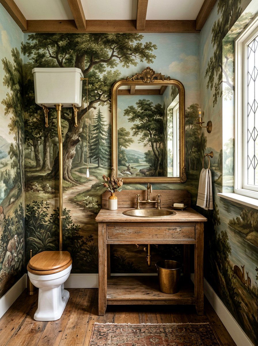 Vintage Landscape Mural Powder Room - 30 murals in powder room ideas