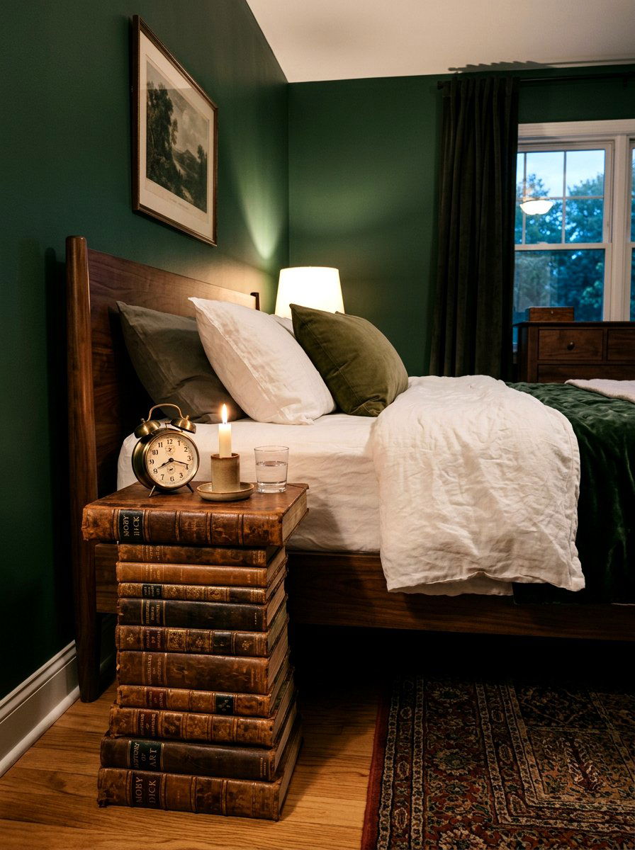 Vintage Leather Bound Nightstand - 30 stacked book table ideas