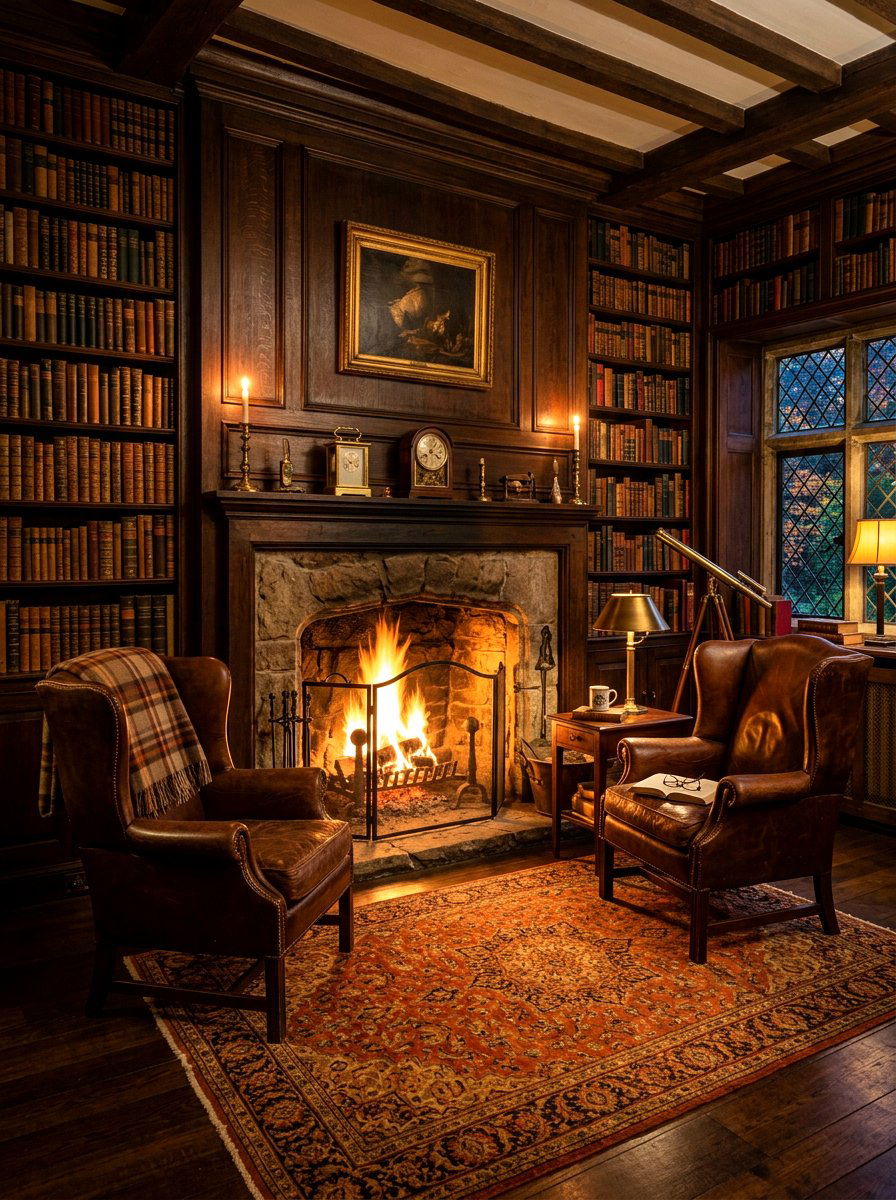 Vintage Library With Fireplace - 30 moody reading room ideas