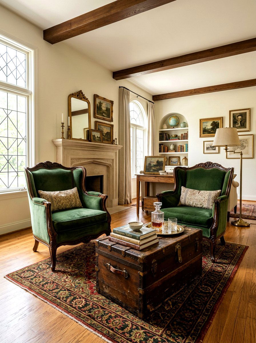 Vintage Living Room With Green Velvet Armchairs And Dark Wood - 30 forest green and brown living room ideas