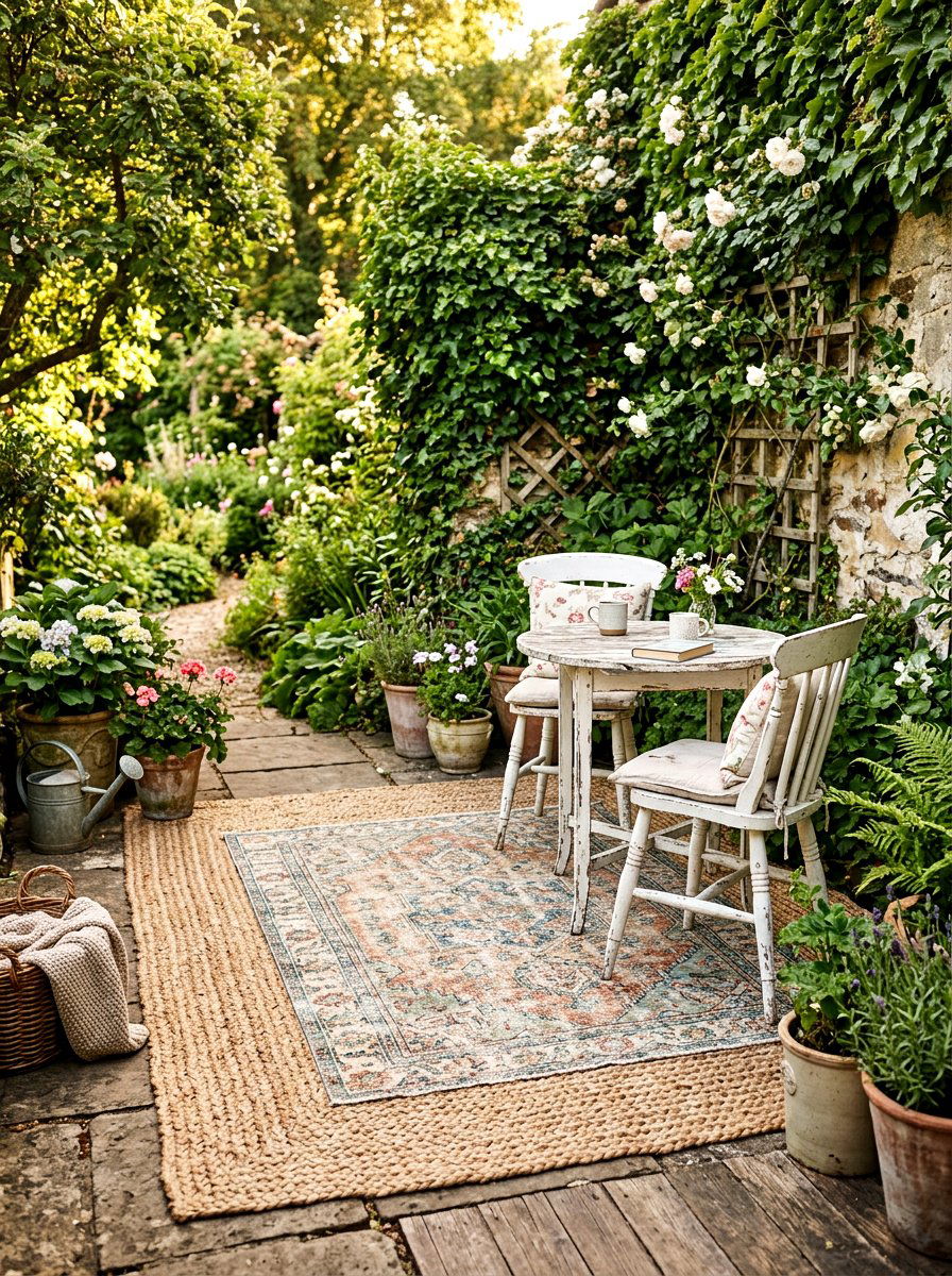 Vintage Look Rug Over Chunky Jute - 30 layered outdoor rug ideas
