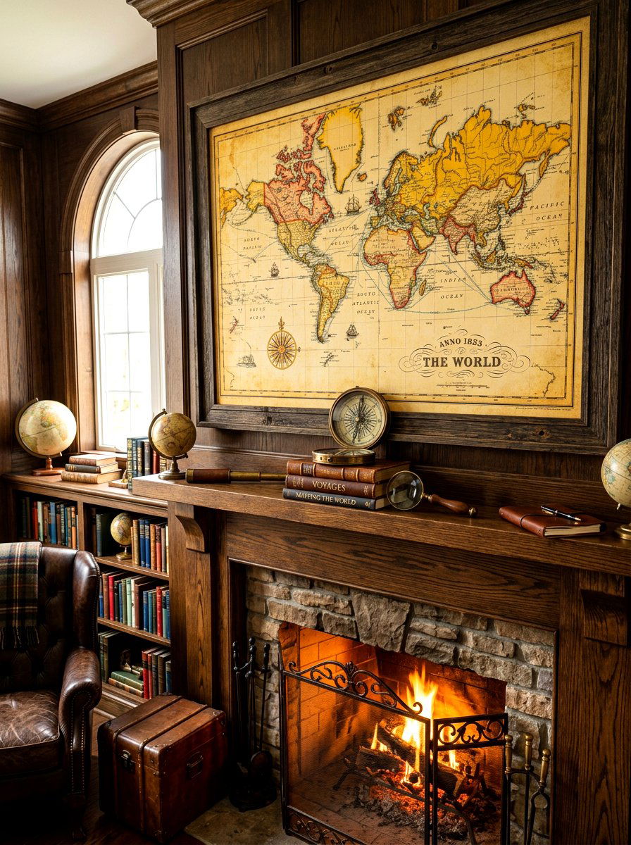 Vintage Map Backdrop - 30 vintage mantel styling ideas