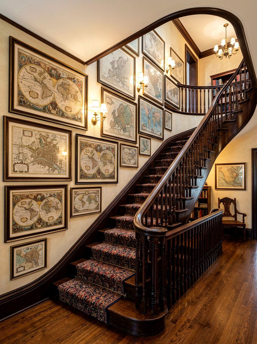 Vintage Map Stair Wall - 30 stair gallery wall ideas
